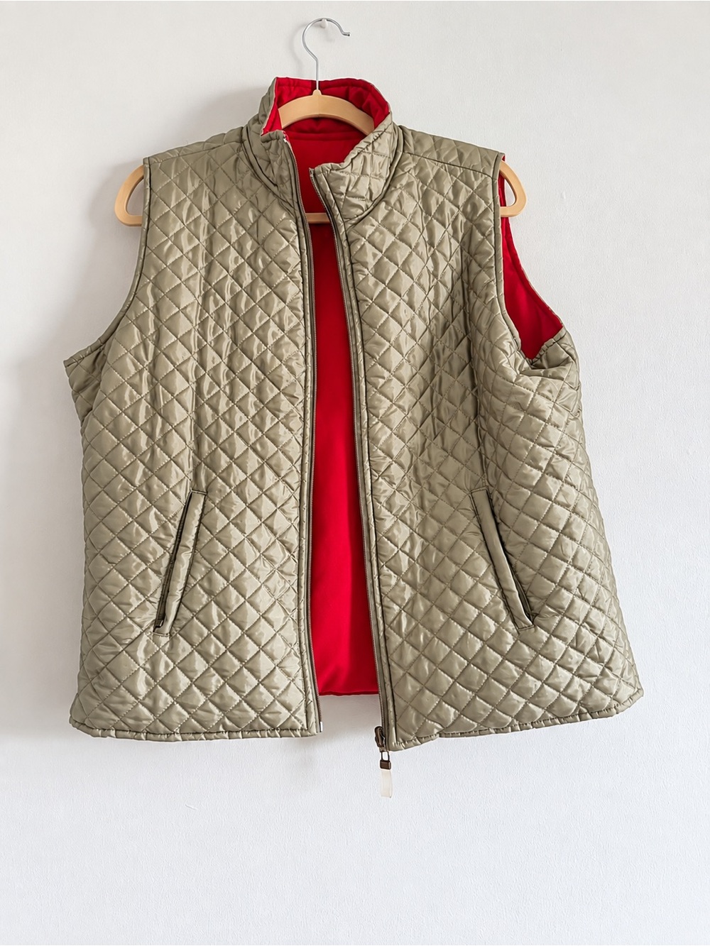 Reversible Quilted Vest in Olive with Red Lining